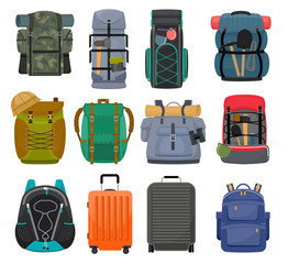 Backpack camp vector backpacking travel bag with tourist equipment in hiking camping and climbing sport knapsack or rucksack set illustration isolated on white background