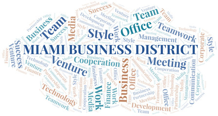 Miami Business District word cloud. Collage made with text only.