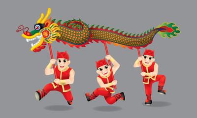 Men performing traditional Chinese dragon dance. With different posts and colors.