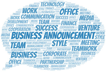 Business Announcement word cloud. Collage made with text only.