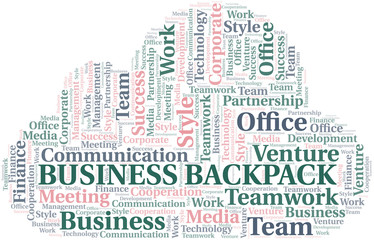 Business Backpack word cloud. Collage made with text only.