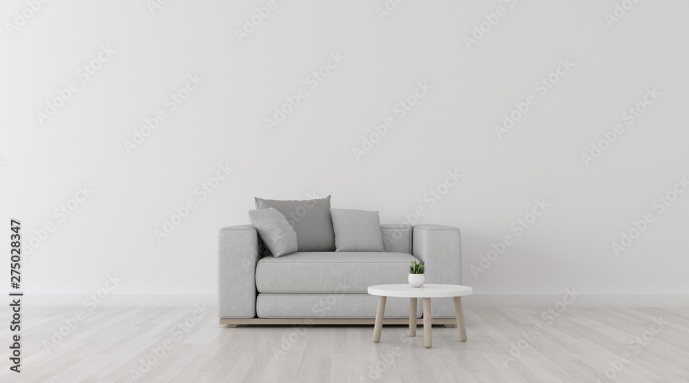 Aufkleber View of white living room in minimal style with sofa and small side table on laminate floor.Perspective of interior design. 3d rendering.	