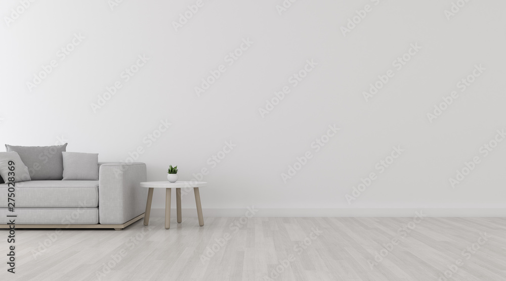 Poster View of white living room in minimal style with sofa and small side table on laminate floor.Perspective of interior design. 3d rendering.	