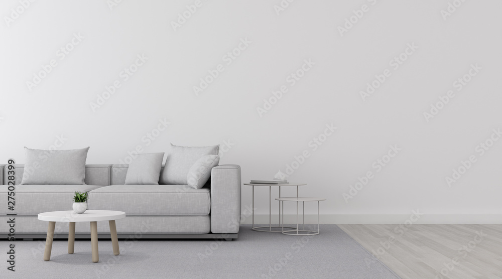 Poster View of white living room in minimal style with sofa and small side table on laminate floor.Perspective of interior design. 3d rendering.	