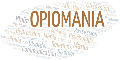 Opiomania word cloud. Type of mania, made with text only.