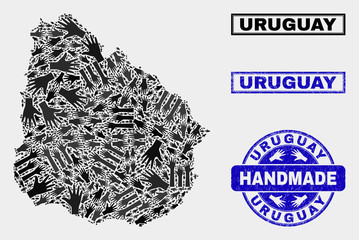 Vector handmade composition of Uruguay map and scratched stamp seals. Mosaic Uruguay map is composed with random hands. Blue seals with corroded rubber texture.