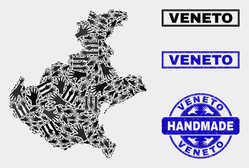 Vector handmade composition of Veneto region map and unclean watermarks. Mosaic Veneto region map is made with randomized hands. Blue watermarks with unclean rubber texture.