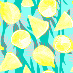 tropical fruit seamless pattern on a shiny glossy background, palm leaves and yellow watercolor lemons on a soft green background.