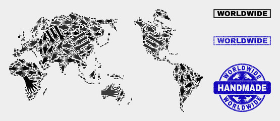 Vector handmade composition of worldwide map and corroded seals. Mosaic Worldwide map is composed with scattered hands. Blue seals with scratched rubber texture.