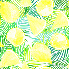 green refreshing tropical seamless pattern, watercolor palm leaves and lime fruits on a light background, summer beach trend print for textiles, swimsuits, wallpapers and wrappers