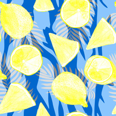 tropical fruit seamless pattern on shiny glossy background, palm leaves and yellow watercolor lemons on blue background.
