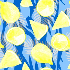Fototapete Gelb tropische frucht nahtloses muster auf glänzendem glänzendem hintergrund, palmblättern und gelben aquarellzitronen auf blauem hintergrund.