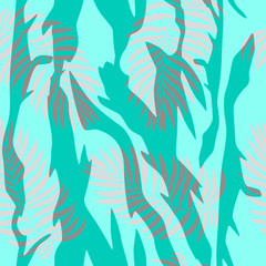 Fototapeta na wymiar seamless pattern of silver palm leaves on a blue background. summer tropical print azure. Glossy shine.