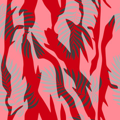 abstract seamless pattern of palm leaves on a red background