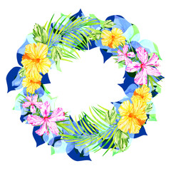 Hawaiian festive floral watercolor wreath of hibiscus flowers, palm leaves, tropical plants, yellow and pink hibiscus flowers, green palm branches, place for text, isolated on white. layout for cards.