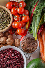 Top view of selected clean and healthy foods