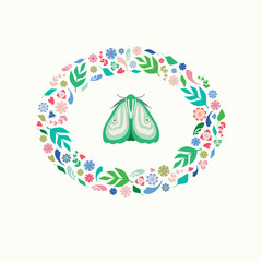 Pretty illustration of a green moth with floral and leaf wreath surround. A spring or summer vector design ideal for card or spot graphic projects.