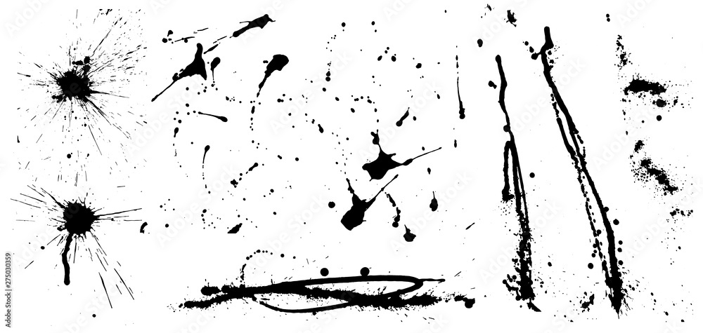 Poster vector сollection of artistic ink. set of black grunge splash on white background watercolor splashe