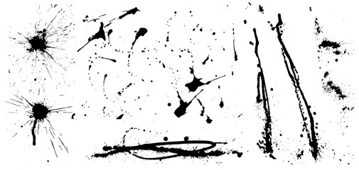 Vector сollection of artistic ink. Set of black grunge splash on white background watercolor splashes, ink blots. High quality manually traced. Black ink blow explosion. Splatter grunge set. Vector