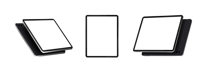 Tablets at various angles. Realistic black tablet vector template isolated on white background in different point of view. Device with touch screen display. 3D gadgets, isometry, perspective. Vector