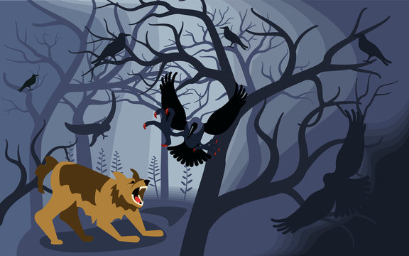 Mythical werewolf fights black ravens