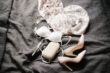 Women's accessories bride. Handbag, shoes, rings, bridal perfume