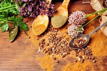 fresh and dry spices on the table . A set of aromatic herbs