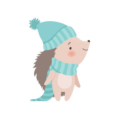Cute Hedgehog Wearing Light Blue Knitted Hat and Scarf, Adorable Prickly Animal Cartoon Character Vector Illustration