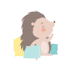 Cute Hedgehog Sleeping on Pillows, Adorable Prickly Animal Cartoon Character Vector Illustration