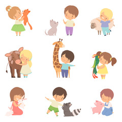 Cute Little Children Playing with Playing and Hugging Animals, Kid Interacting with Animal in Contact Zoo Cartoon Vector Illustration