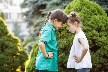 Fototapeta premium Two cute girls emotionally spend time in the nature. Girls of school age find out relationships. Children have fun