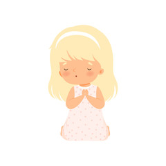Adorable Little Girl Kneeling in Prayer Cartoon Vector Illustration