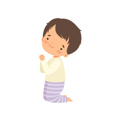 Little Boy Character Praying Standing on His Knees Cartoon Vector Illustration