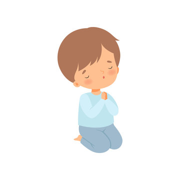 Sweet Little Boy Kneeling and Praying Cartoon Vector Illustration