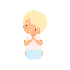 Sweet Little Boy Character Praying Standing on His Knees Cartoon Vector Illustration