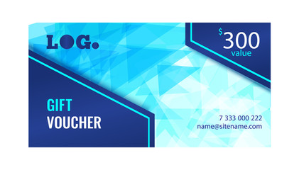 Gift voucher bright design with light blue background of chaotically moving triangles. Modern dynamic background for your company. Vector illustration.