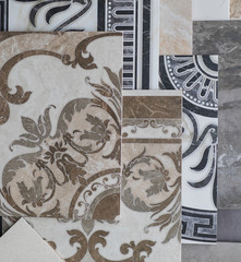 ceramic tile samples with an abstract geometric pattern for the kitchen