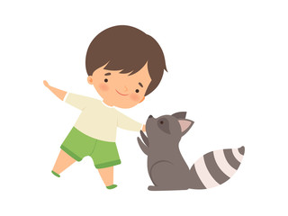 Cute Boy Playing with Raccoon, Kid Interacting with Animal in Contact Zoo Cartoon Vector Illustration