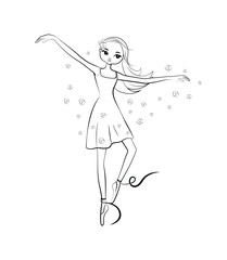Coloring page. Hand drawn beautiful  ballerina with flowers. Cartoon cute girl. Vector illustration