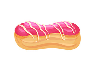 Eclair with pink glaze. Vector illustration on white background.