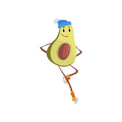 Avocado Figure Skater, Funny Exotic Fruit Athlete Cartoon Character Doing Sports Vector Illustration