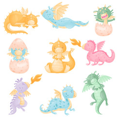 Obraz premium Set of cute dragons. Vector illustration on white background.