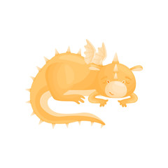 Cute orange dragon lies. Vector illustration on white background.