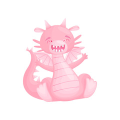 Joyful cute pink dragon sitting. Vector illustration on white background.