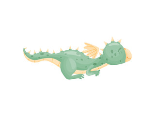 Fototapeta premium Cartoon green dragon is lying on his stomach. Vector illustration on white background.