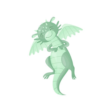 Cute green dragon is flying. Vector illustration on white background.