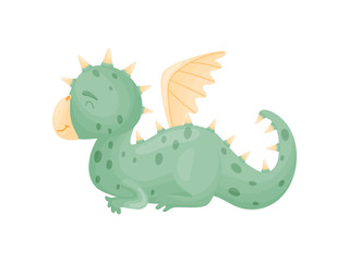 Cartoon cute green dragon is sleeping. Vector illustration on white background.
