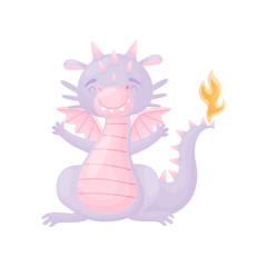 Cartoon cute lilac dragon with pink wings. Vector illustration on white background.