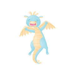 Cartoon blue dragon bounces. Vector illustration on white background.