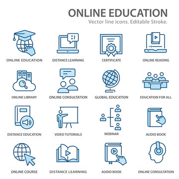 Online distance education flat line icons. Editable Strokes.